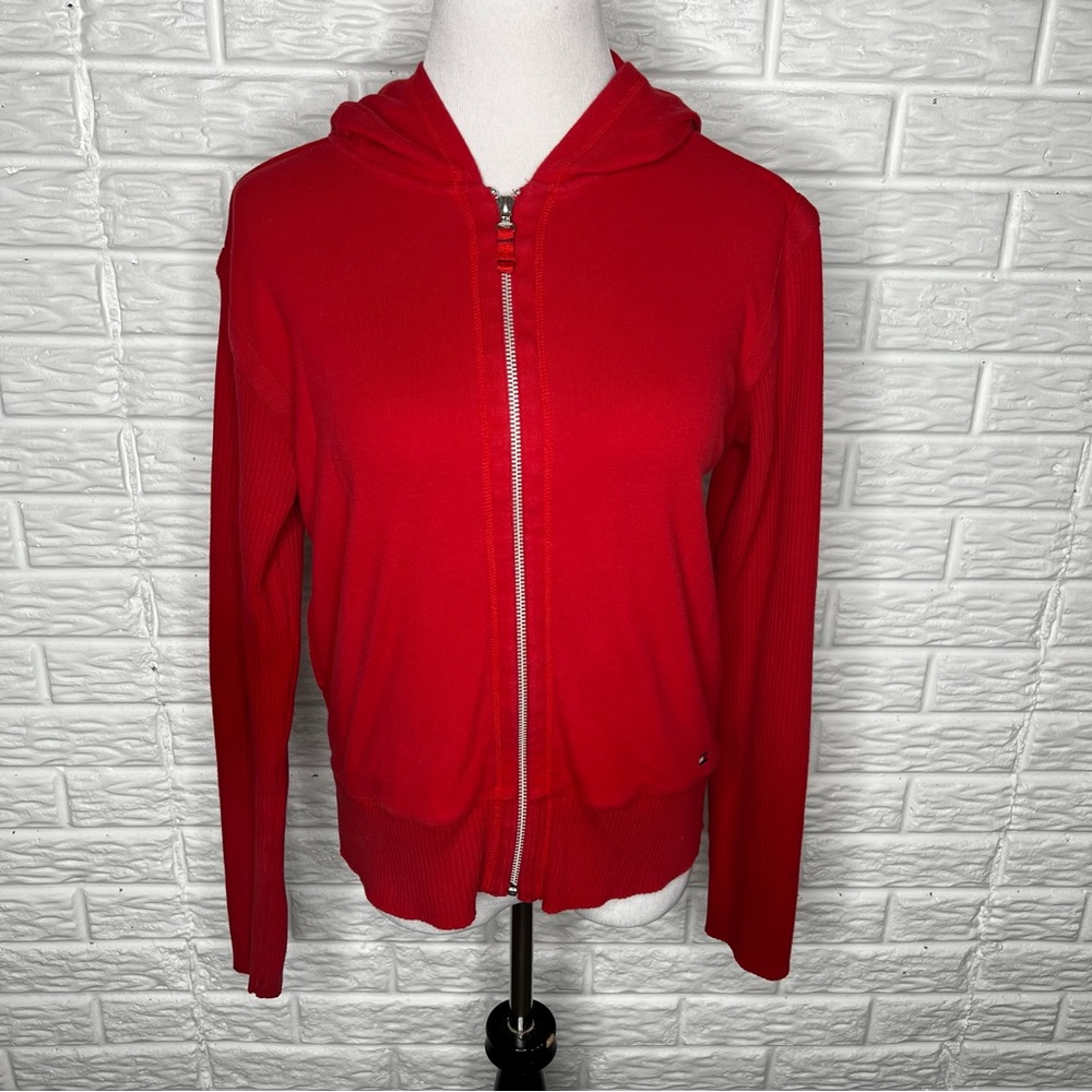 TOMMY HILFIGER Vintage Y2K Red Zip Front Knit Hoodie Sweatshirt Size L